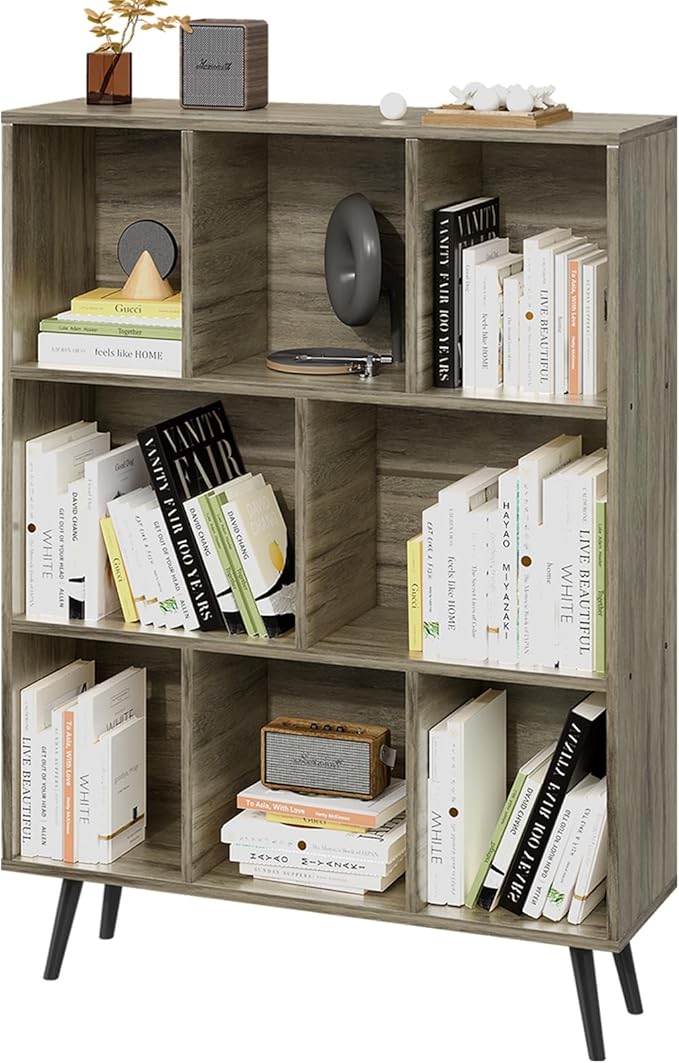 Bookshelf, 3-Tier 8 Cube Open Wooden Book Shelf with Legs, Floor Standing Office Bookcase, Wooden Bookcase for Office Furniture, Cubby Storage Organizer for Living Room/Bedroom