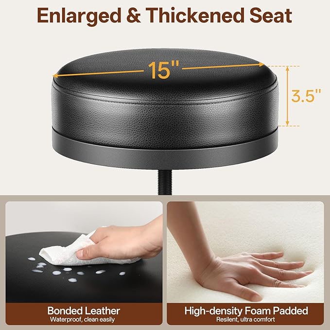 Adjustable Height Swivel Bar Stool, 22-29 Inch Industrial Vintage Bar Counter Height Stool with Thicken Premium Bonded Leather Seat & Updated Footrest, Easy Assembly, Black