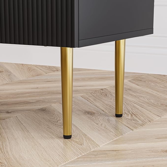 Black Nightstand for Bedroom, Fluted Night Stand Set of 2, Mid Century Modern Bedside Table with Gold Metal Legs