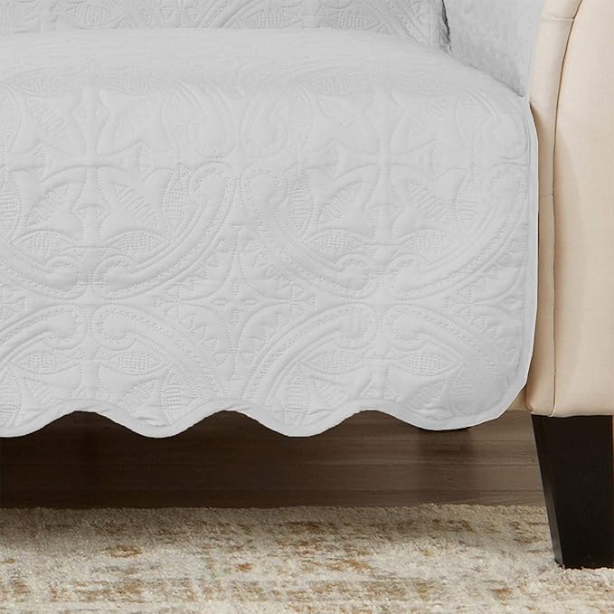 Great Bay Home Medallion Stitched Solid Furniture Protector Stain Resistant Durable Furniture Protector Elenor Collection (Chair, White/Sand)