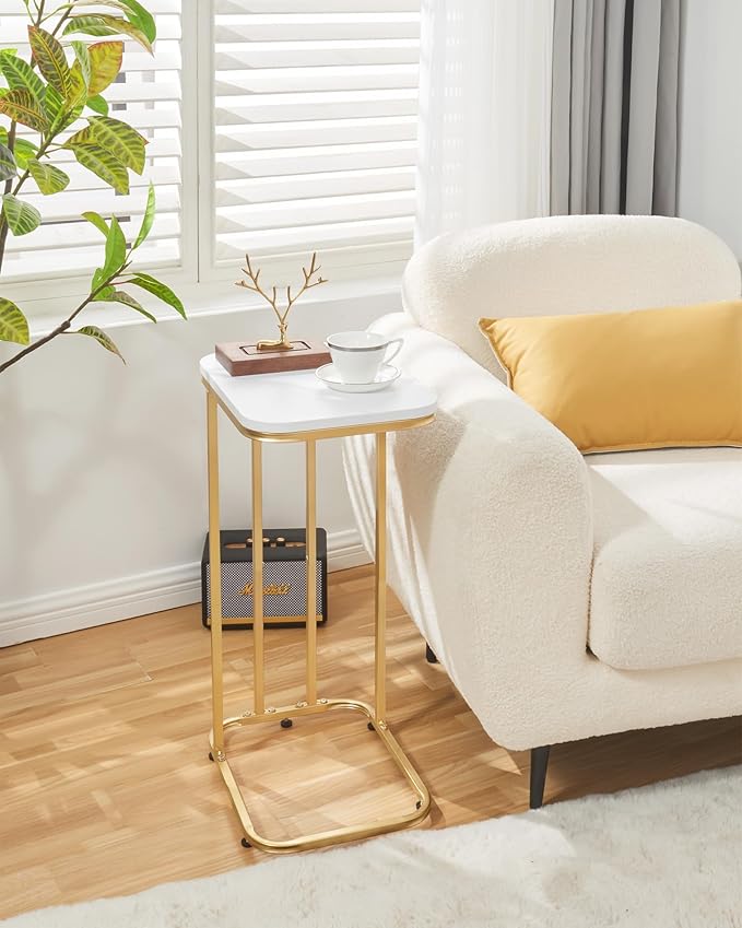 C Shaped End Table, 27 inches High Side Table for Couch Sofa Bed, Small Tv Tray, for Living Room, Bedroom, Metal Frame, Gold & White