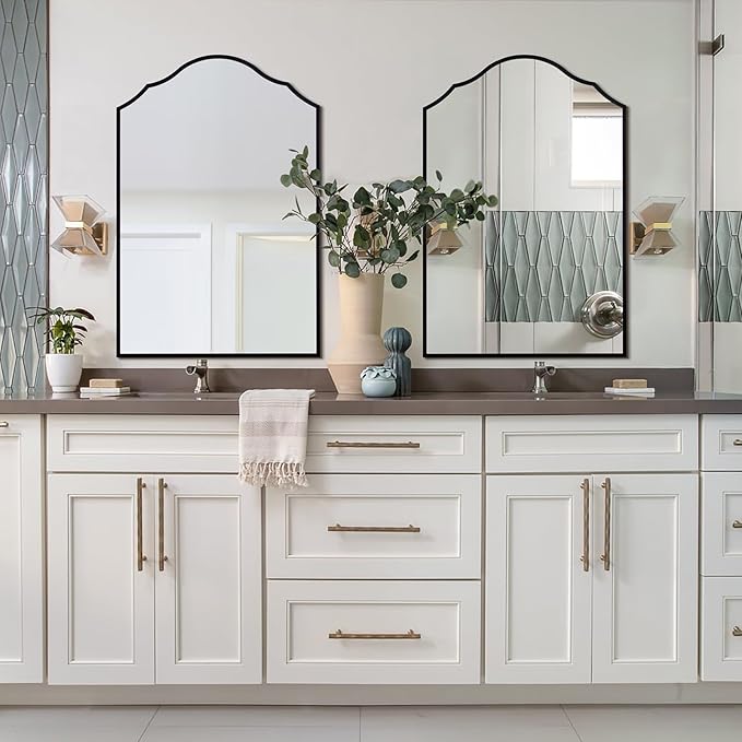 Arched Mirror Wall Decor, 36"x24" Large Vanity Mirror for Wall with Antique Black Metal Frame, Scalloped Entryway Mirror, for Bathroom, Living Room, Bedroom