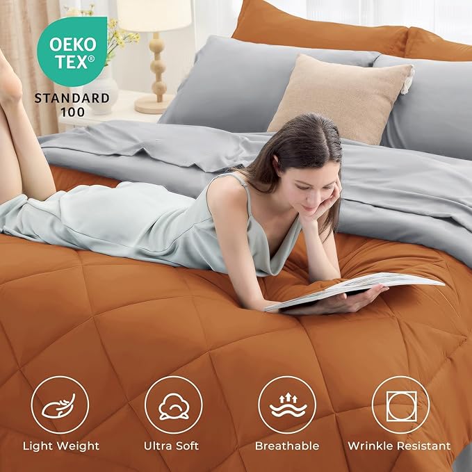 HEVUMYI Twin-XL Comforter Set - 5-Piece All Season Bed in a Bag Twin-XL, Ultra Soft Bedding Set with Comforter, Flat Sheet, Fitted Sheet, Pillowcases, Pillow Shams, Orange & Light Grey