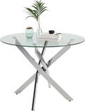 Round Tempered Glass Dining Table for 2-4 with Chromed Legs, 35.5 in Modern Small Kitchen Table for Kitchen Dining Room (White/Silver)