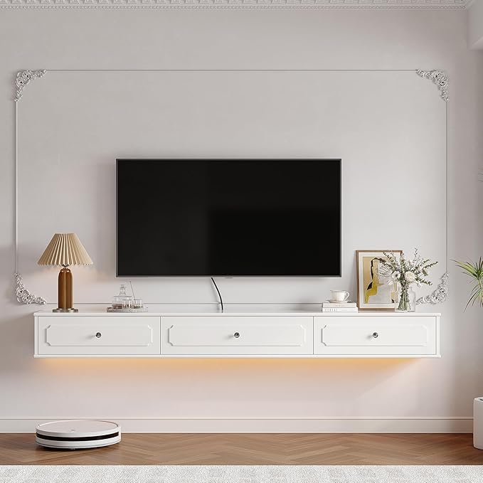 Retro Floating TV Console with 3 Doors,70'' High Gloss Floating TV Stand,Wall Mounted TV Cabinet,Contemporary Floating Media Console for Under TV Storage,Living Room,Bedroom(White)