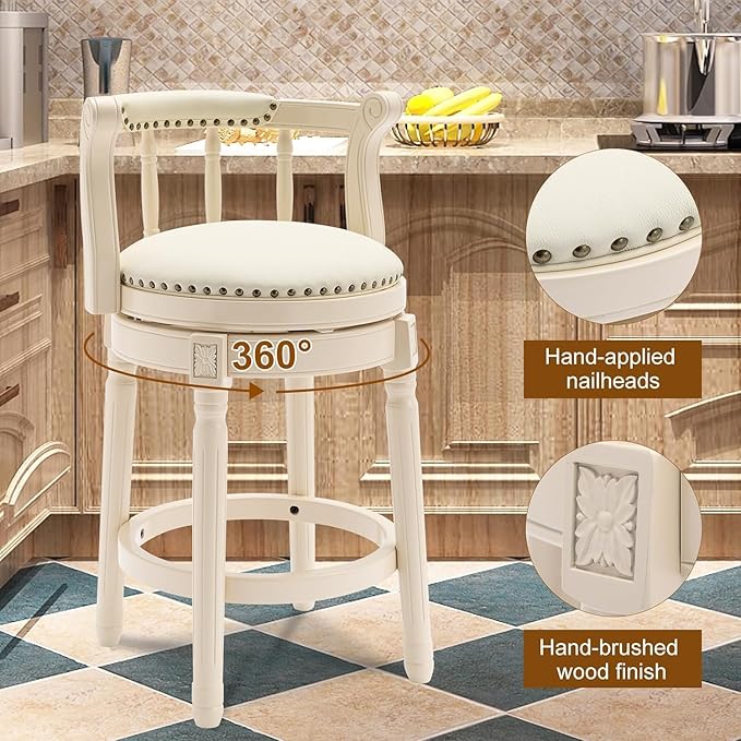 Cow top Leather Wooden Bar Stools, 360 Degree Swivel Bar Height Chair with Backs for Home Kitchen Counter, Morden Chair Barstools (Ivory Wood 1pc-Cream Seat, Counter Height-Seat Height 26”)