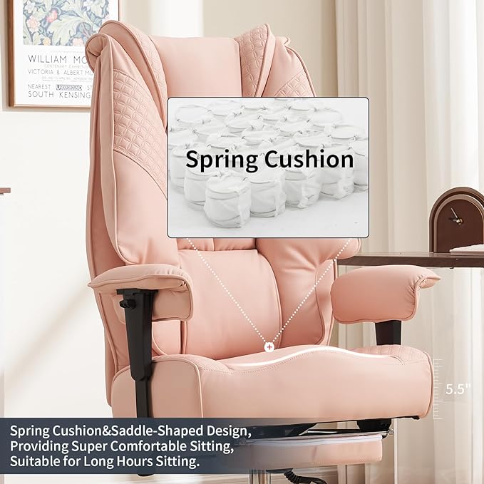 Big and Tall Office Chair 400lbs Wide Seat, Leather High Back Executive Office Chair with Foot Rest, Ergonomic Chairs Lumbar Support for Lower Back Pain Relief (Light Pink)