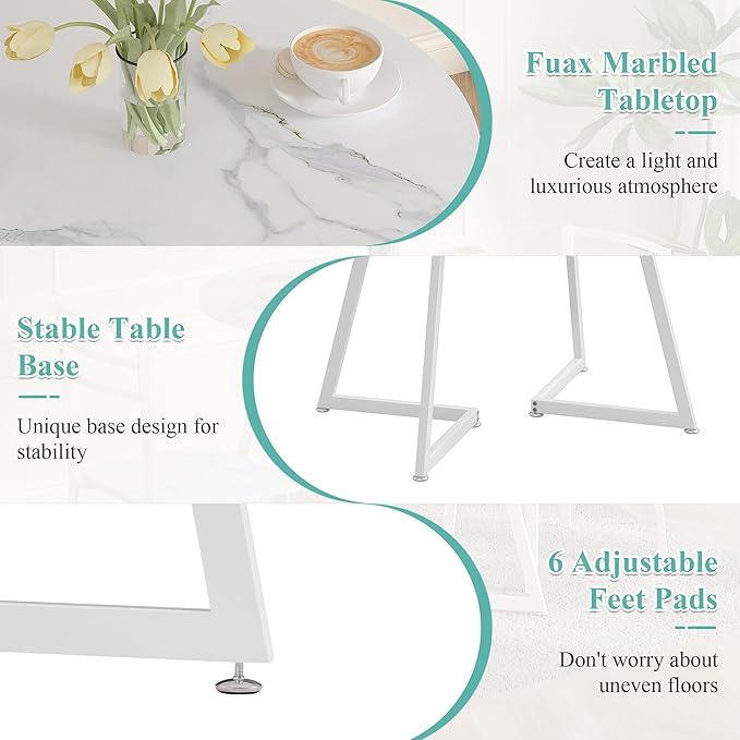 VECELO Small Round Dining Table Set for 2, Wood Tabletop with Strong Metal Frame, Modern Dinette with Chairs for Kitchen, Breakfast Nook Living Room, Faux Marbled & White