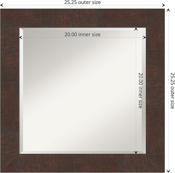 Amanti Art Brown Wall Mirror 25x25 Wildwood Brown Square Bathroom Mirror for Wall Decor Living Room, Medium Rustic Farmhouse Frame, Hangs Horizonally and Vertically, Bathroom Decor, Beveled Edge
