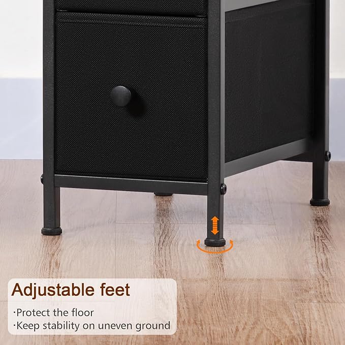 Narrow End Table Living Room with Charging Station, Skinny Side Table with Fabric Drawers, Slim LED Nightstand for Bedroom, Small Spaces, Couch, Black, HETNDP03LBK-1