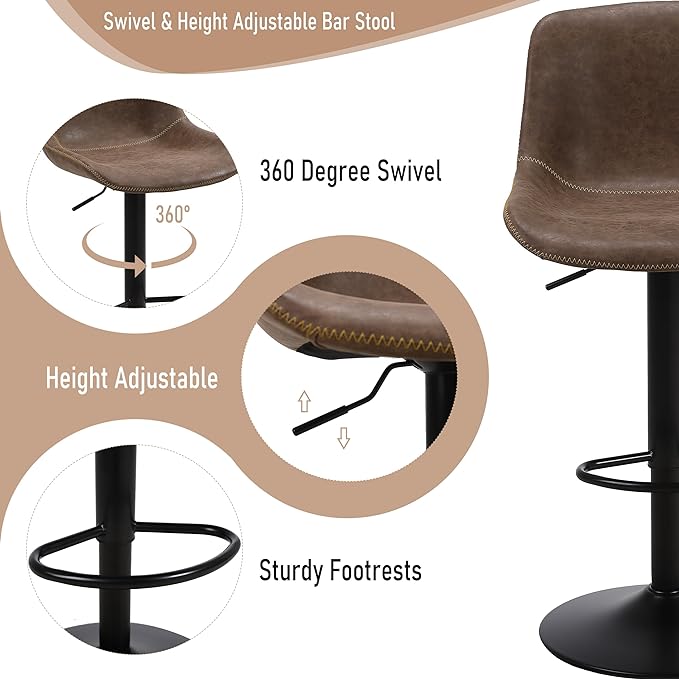 Bar Stools, Swivel Counter Height Barstools with Back, Adjustable Modern Bar Chairs, Tall Armless PU Leather Kitchen Island Stool (Brown, Set of 1)