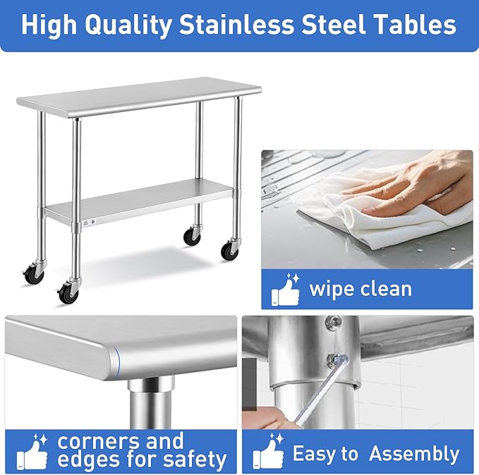 ROCKPOINT Stainless Steel Table for Prep & Work with Caster Wheels 18x60 Inches, NSF Metal Commercial Kitchen Heavy Duty Table with Adjustable Under Shelf and Table Foot for Restaurant, Home and Hotel
