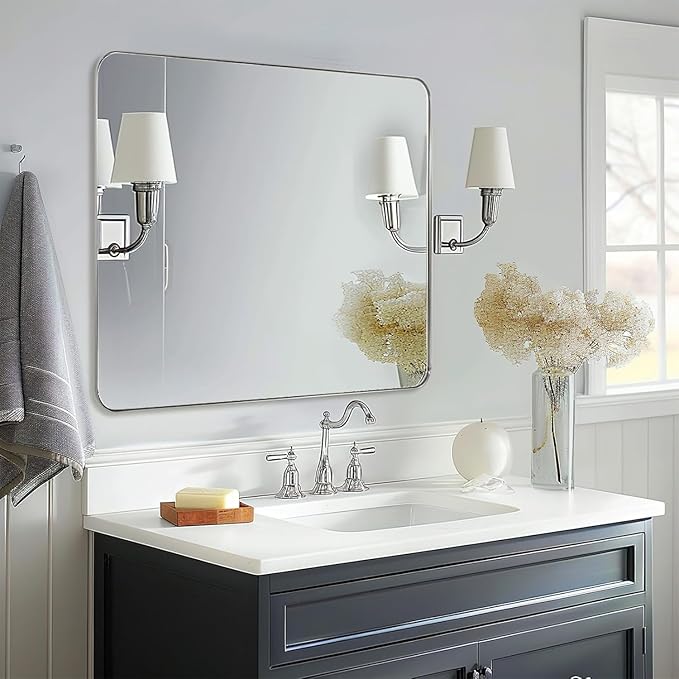 ANDY STAR Chrome Bathroom Mirrors for Over Sink, 30x30 Inch Polished Silver Mirror for Wall, Square Metal Framed Vanity Mirror -Modern Clean Design with Superior Stainless Steel Frame