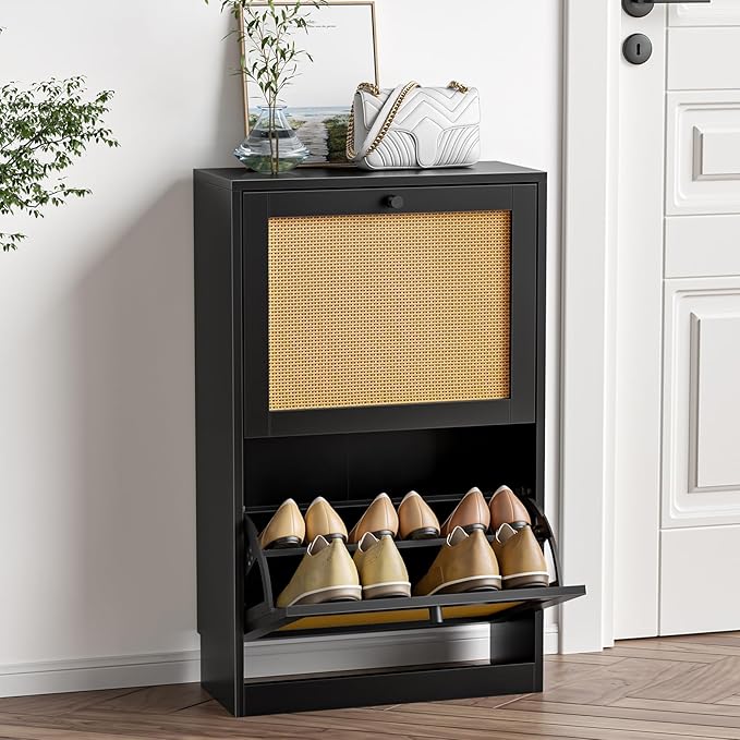 Rattan Shoe Cabinet for Entryway Slim, Entrance Shoe Cabinet with Flip Drawers Narrow, 2 Tier Hidden Shoe Organizer for Foyer, Dorm, Small Space, Black