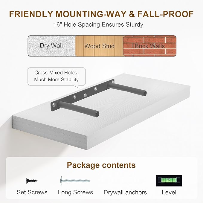 Fun Memories Deep White Floating Shelves, 8 Inch Deep Floating Shelf for Wall, Rustic White Wall Shelves 55 Inch Long, Large 55 x 8 Storage Shelves for Living Room, Bedroom, Kitchen