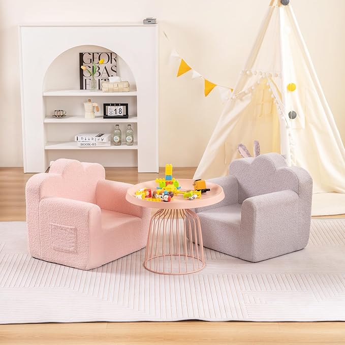 Tiita Kids Couch Sherpa Toddler Chair, Cloud-Like Comfy Kids Sofa Toddler Reading Chair with Washable Cover Carrying Handle, Convertible Children Sofa Chair for Girls and Boys
