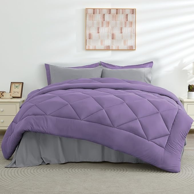 HEVUMYI King Comforter Set - 7-Piece All Season Bed in a Bag King, Ultra Soft Bedding Set with Comforter, Flat Sheet, Fitted Sheet, Pillowcases, Pillow Shams, Purple & Light Grey