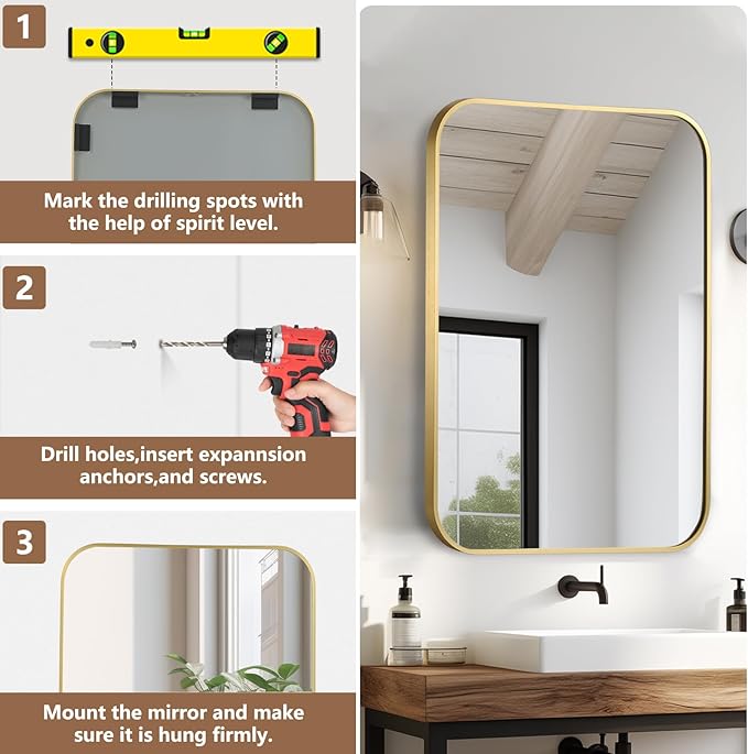 Brushed Gold Mirror, 40"x30" Rectangle Bathroom Mirror, Metal Frame Rectangle Corner Vanity Mirror, Wall Mounted Mirror for Modern, Living Room, Bedroom, Horizontal Or Vertical