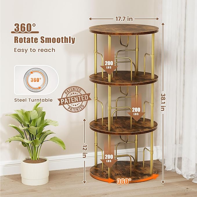 Rotating Bookshelf, 3 Tier Round Revolving Bookcase with Special Visible Partition Storage, 360° Display Spinning Bookshelf Tower Storage Organizer Rack for Bedroom, Living Room, Small Space, Gold