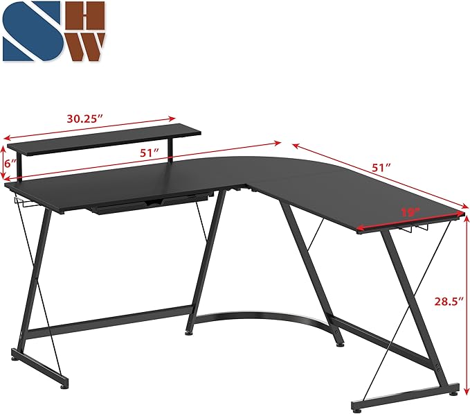 SHW 51 x 51 Inches Vista L-Shaped Desk with Monitor Stand and Drawer, Black