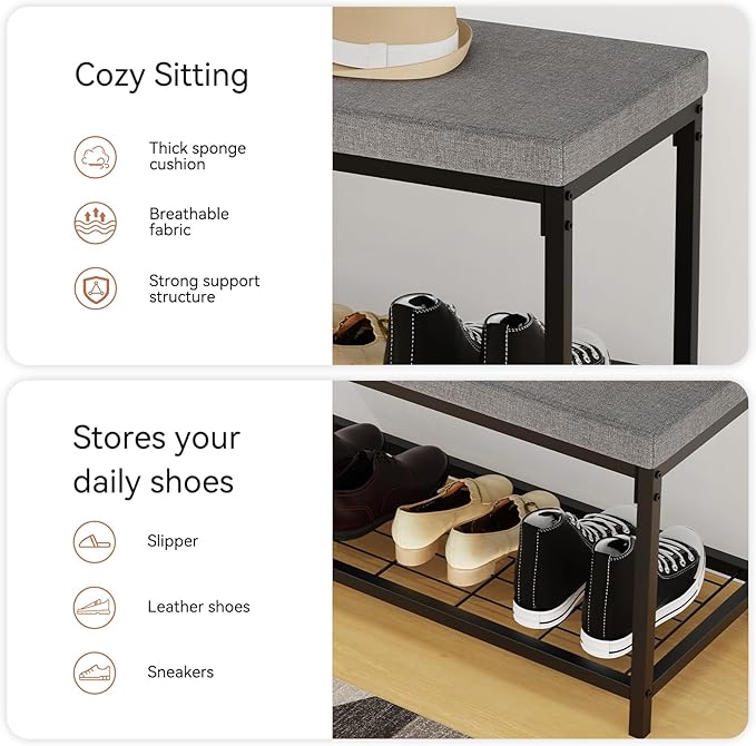 Shoe Bench, Entryway Bench with Cushion Seat, Shoe Rack Bench with Storage, Modern Style, Holds Up to 350 lb, for Living Room, Bedroom, Hallway, Grey