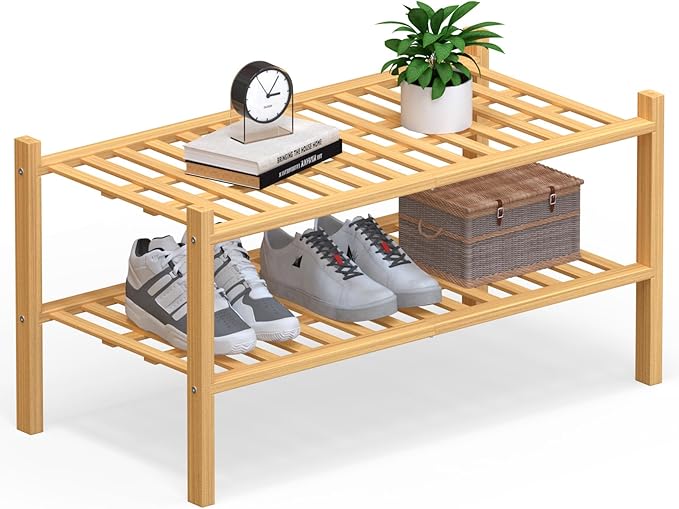 Haddockway Large 2 Tier Bamboo Shoe Rack Storage Organizer,Multifunctional Free Standing Stackable Shoe Shelf with Grid Panel for Closet,Hallway,Entryway,Small Space 27"x12"x14"(Natural, 2-Tier Large)