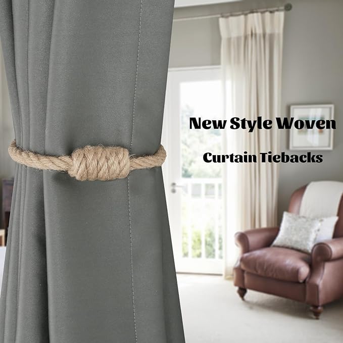 BEL AVENIR Magnetic Jute Curtain Tiebacks, Decorative Drapery Holdbacks Bohemian Style Woven Tie-Backs with Exquisite Knot (Jute, 4 Pack)