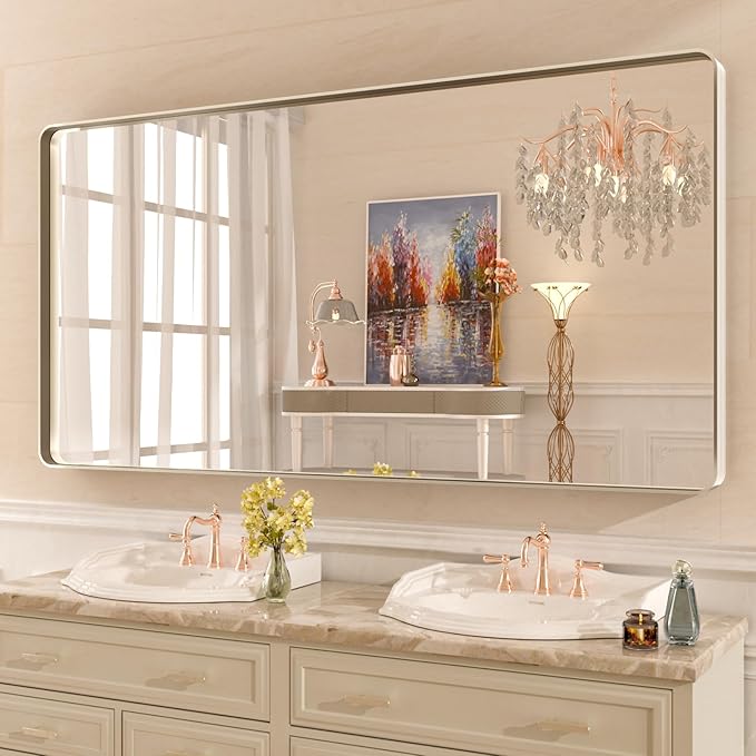 WEER 60X30 Inch Brushed Nickel Bathroom Mirror, Brushed Silver Metal Frame Mirror, Rounded Rectangle Silver Bathroom Vanity Mirror, Tempered Glass, Anti-Rust, Hangs Horizontally or Vertically