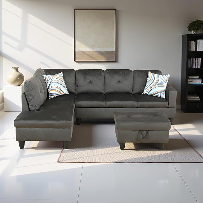 L Shaped Couch Modern Sectional Couch Upholstered Flannel Fabric 3 Pieces Sofas for Living Room with Chaise, Storage Ottoman for Office and Small Apartment, Grey