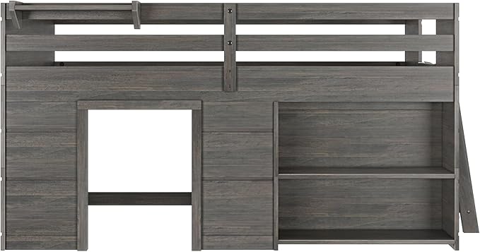 Max & Lily Modern Farmhouse Twin Low Loft Bed with Bookcase - Solid Wood, 15” Guardrails, 400-lb Capacity, Low-VOC Finish, Driftwood