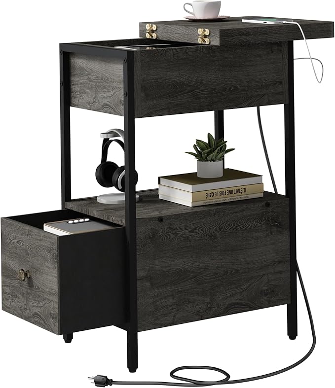 SOOWERY End Table with Charging Station, Narrow Side Table with Flip Top Cabinet and Fabric Drawer, Nightstand Bedside Tables for Small Spaces, Bedroom, Living Room, Dark Grey