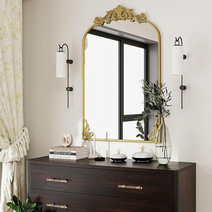 26x38 inch Vintage Arched Bathroom Mirror - Gorgeous Wall Vanity Mirror with Beautiful Retro Top and Bottom Engraving Process Frame for Entryway Hallway Living Room, Gold