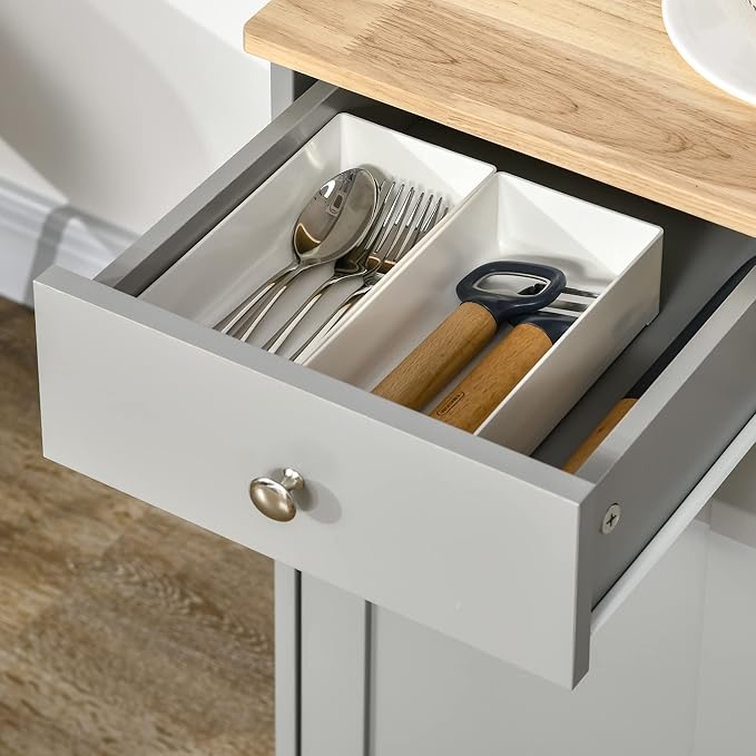HOMCOM Sideboard with Solid Wood Countertop, Modern Kitchen Storage Cabinet, Coffee Bar Cabinet with 3 Drawers, Doors and Adjustable Shelf, Gray
