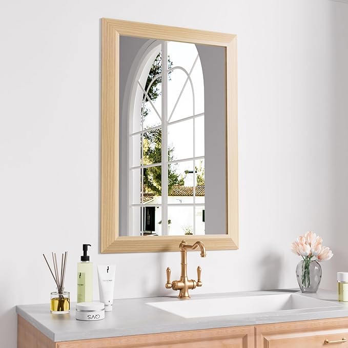 Amorho 20X30 Inch Bathroom Mirror for Wall, Oak Wood Grain Metal Framed Mirror, Anti-Rust, Hang Horizontally/Vertically, Suitable for Bedroom, Farmhouse, Bathroom, Decorative