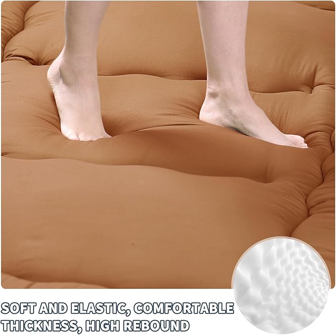 Japanese Floor Mattress,4" Thicken Japanese Floor Sleeping Pad Foldable,Futon Mattress Suitable for Camping and Guest Room (Khaki, Queen (80" X 60"))