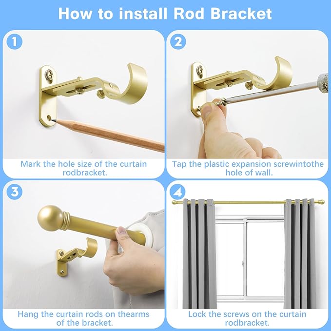 Curtain Rods for Windows 16 to 92 Inches, Curtain Rod Max Adjustable Length of 104 IN, 6/8" Diameter Drapery Rods Round Finials, Warm Gold, Pack of 1