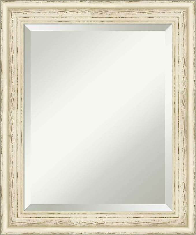 Amanti Art White Bathroom Mirror for Over Sink, 25x21 Country White Wash Rectangle Vanity Mirror, Small Rustic Farmhouse Wood Frame, Hangs Horizonally and Vertically, Bathroom Wall Decor, Beveled Edge