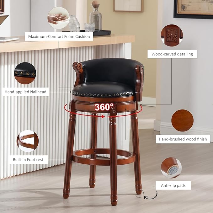 Cow top Leather Wooden Bar Stools, 29.5" Bar Height Bar Chair with Back, 180 Degrees Swivel Barstools Chair for Home Kitchen Counter,Dining Room (Black-1pc, Bar Height-Seat Height 29.5”)