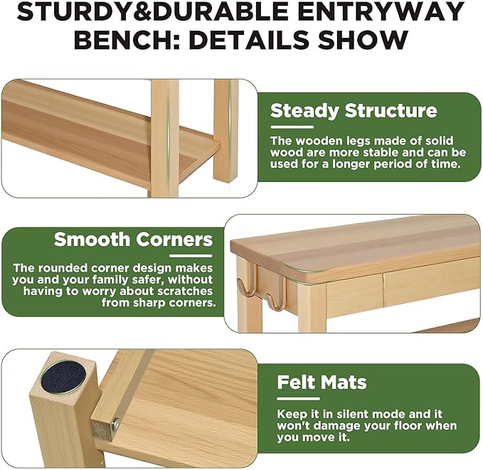 Wood Shoe Bench Entryway with Drawer: 2-Tiers Wooden Storage Shoe Rack with Bench Seat, Compact Mid-Century Modern Design for Entryway, Hallway,Closet,Front Door Entrance,Foyer Natural 43.3"