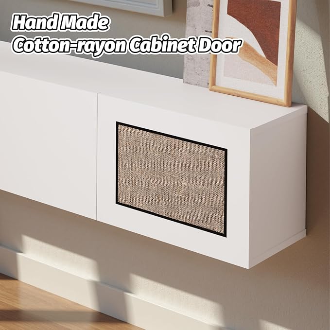 Pmnianhua Boho Floating TV Stand 55", Modern Wall Mounted Media Console with Cotton-Rayon Doors for Under TV Shelf,Entertainment Center,Living Room,Bedroom(White)