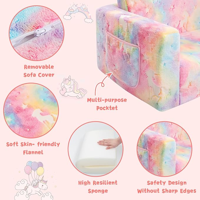 Toddler Chair Comfy,2-in-1 Soft Toddler Couch Fold Out for Kids,Convertible Sofa to Lounger,Gift for Girls and Boys Birthday,Unicorn,Medium