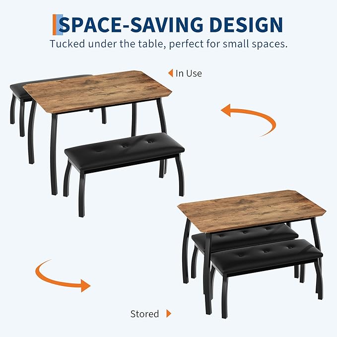 GAOMON Dining Table Set for 4, Metal Frame Kitchen Table Set with 2 Upholstered Bench, 3 Piece Dining Room Table Furniture for Apartment, Studio, Home, Easy Assembly, Retro Brown