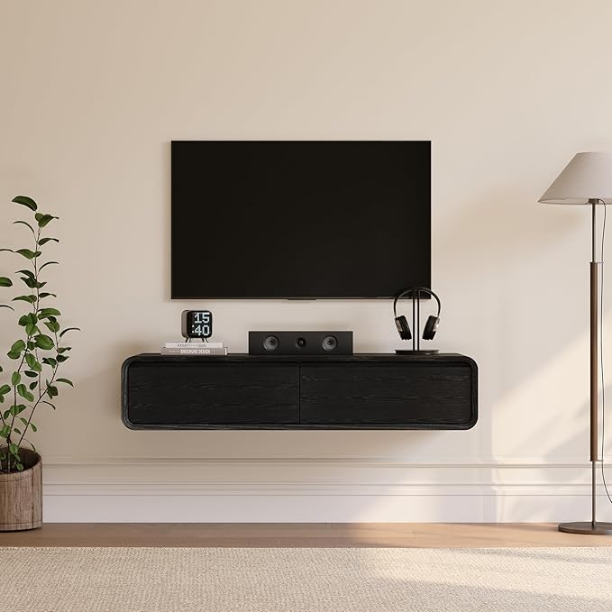 POVISON Fully-Assembled Minimalist Floating TV Stand, Modern Wall-Mounted Entertainment Center with 2 Flip-Down Cabinet Doors, Solid Wood Media Console, Black, 47.24"