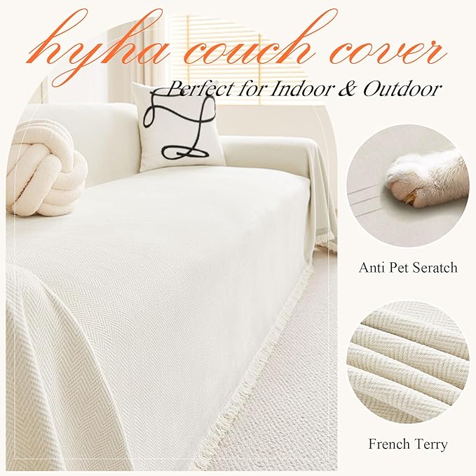 hyha Couch Cover for Dogs, Boho Sofa Covers for 3 Cushion Couch Washable, Chenille Sofa Slipcover for Pets, Soft Loveseat Sectional Couch Throw Blankets with Tassels (Beige, 71x134 Inch)
