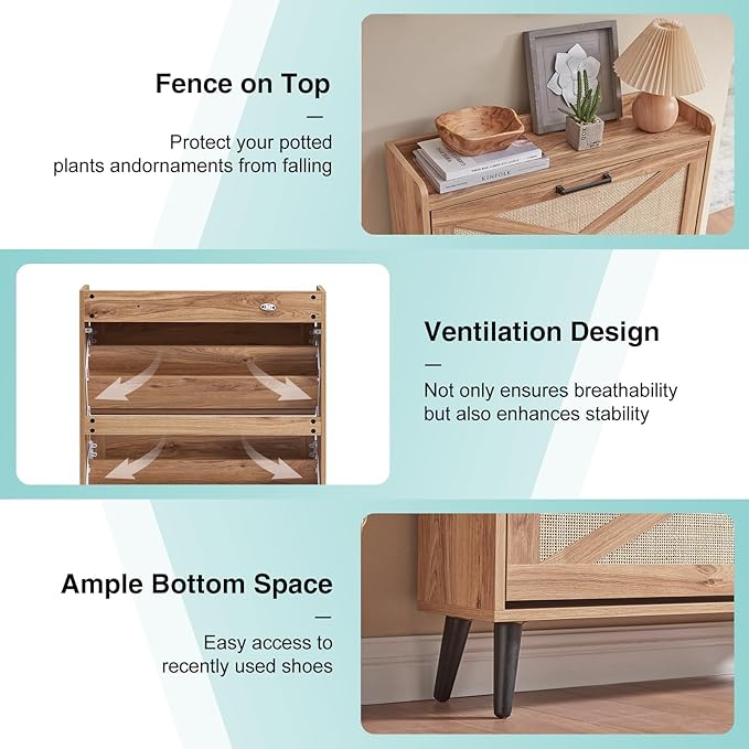 Shoe Storage Cabinet, Boho Shoe Organizer with 2 Flip Drawers & Rattan Design,Farmhouse Freestanding Hidden Slim Narrow Shoe Rack Cabinet for Entryway, Foyer,Hallway, Natural