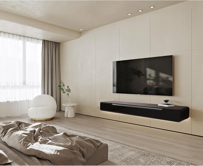 High Gloss Floating TV Stand with 3 Doors,86'' Wall Mounted TV Cabinet,Under TV Console,Floating Media Shelft for Bedroom Living Room(Black)