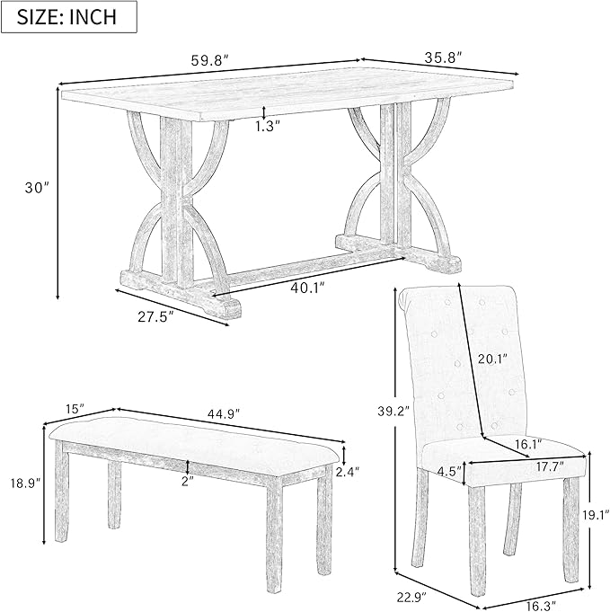 Ball & Cast 6-Piece Dining Table Set, 60" Rectangular Dining Table with 4 Upholstered Chairs & 1 Bench for Dining Room and Kitchen Gray Wash