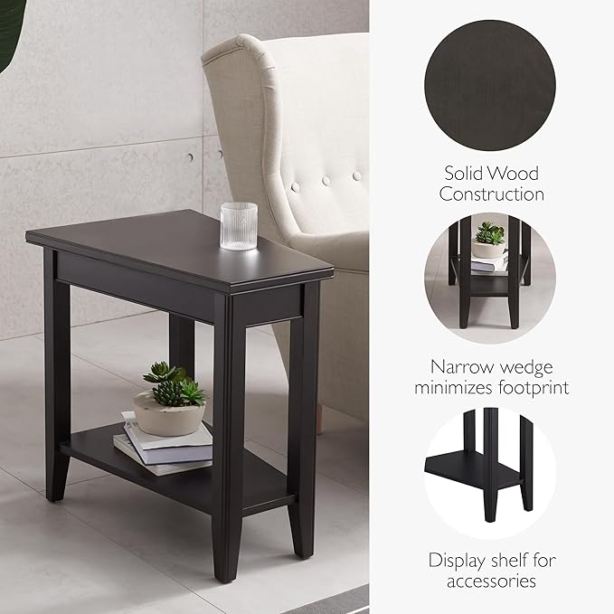 Leick Home Laurent End Table, Solid Wood, Narrow Wedge Shape, Bottom Display Shelf, Easy-Assembly, For Living Room/Bedroom, Black, 24.0 in. L x 17.0 in. W x 24.0 in. H, 10502-BK