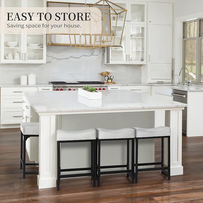Off White Counter Height Bar Stools Set of 2, 24" White Bar Stools for Kitchen Counter with Saddle Cushion, Modern Backless Barstools Counter Stools Island Chair for Bar Kitchen
