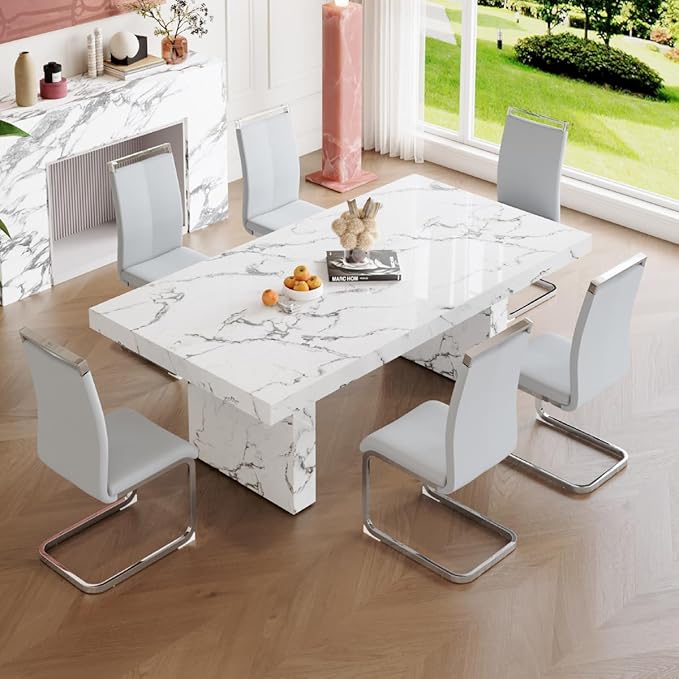 Dining Chairs Set of 6, Faux Leather with Plated Chrome Metal Frame, Modern Kitchen Chairs with Padded Seat High Back for Dining Room, Kitchen, Living Room